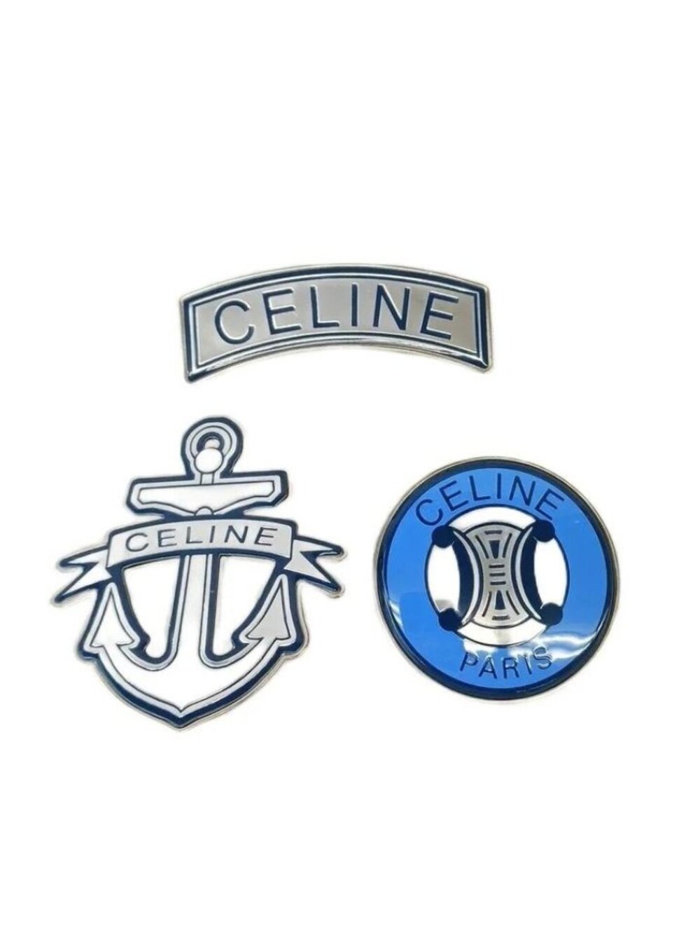 Celine Vintage Brooch Pin Badge 3 Set Triomphe Anchor Logo Plate Silver Blue